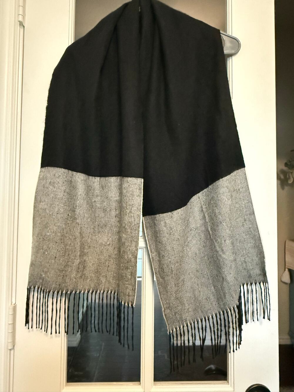 Nordstrom 100% Silk Black Gray Colorblock Scarf Wrap Fringe